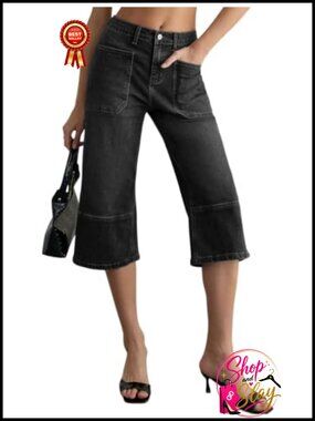 Wide Leg High Waisted Cropped Denim Jeans Big Pockets Raw Hem